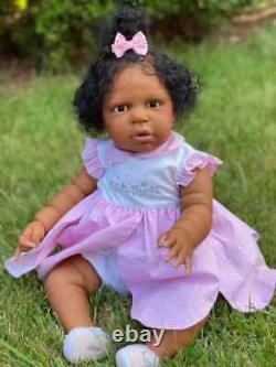 24inch Dark Brown Skin Reborn Toddler Girl Doll Rooted Hair African American Toy