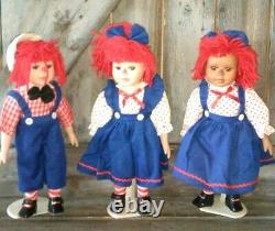 3 RARE Raggedy Ann And Andy Porcelain Dolls 13 + 1 African American Ann doll