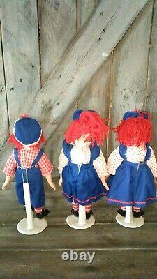 3 RARE Raggedy Ann And Andy Porcelain Dolls 13 + 1 African American Ann doll