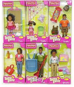 6 Fisher Price Loving Family African American Dolls Mom Dad Grandma Brother Sis