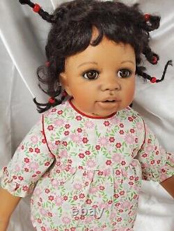 AFRICAN AMERICAN PORCELAIN and stiff cloth GLASS EYES DOLL ethnic hair bead 24
