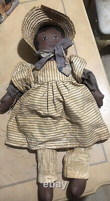 African american folkort Cloth doll Vintage Handmade And Hand painted Face