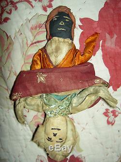 Antique Americana early TOPSY-TURVY African American primitive cloth doll 13 1/2