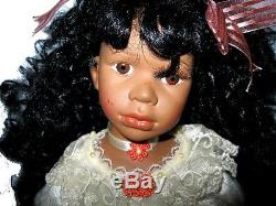 Collector's Black African American Porcelain Girl Doll 16 White&Rose Lace Dress