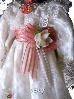 Collector's Black African American Porcelain Girl Doll 16 White&Rose Lace Dress