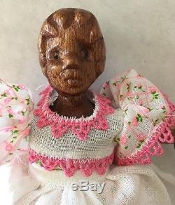 Folk Art Hand Carved Peg Jointed Dark Wood Doll 8 African American AA