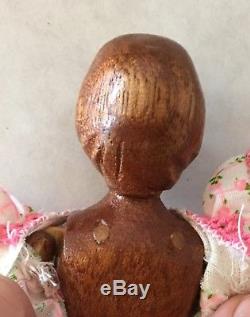 Folk Art Hand Carved Peg Jointed Dark Wood Doll 8 African American AA