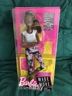 New 2018 AA Barbie Made to Move Doll African American Dark Hair Floral Grey Top