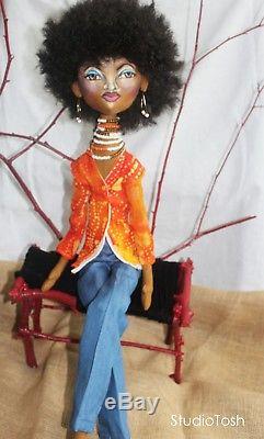 OOAK Collector Art Doll, African American Cloth Doll in 1970s Fashion Jeans
