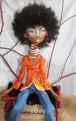 OOAK Collector Art Doll, African American Cloth Doll in 1970s Fashion Jeans