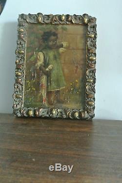 Original Vintage African American Oil Painting black Girl with doll very old art