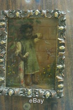 Original Vintage African American Oil Painting black Girl with doll very old art