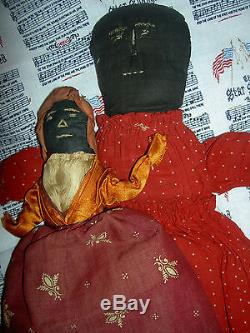 PAIR Early antique Americana TOPSY-TURVY African American primitive cloth dolls
