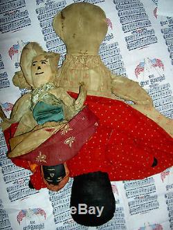 PAIR Early antique Americana TOPSY-TURVY African American primitive cloth dolls