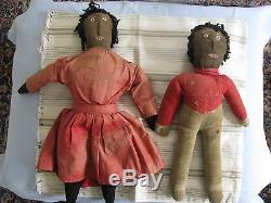 Two African American Black Folk Art Rag Dolls Antique Early Wonderful Pair