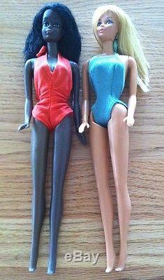 Two Vintage Malibu Barbie dolls/ Christie African American/Red Bathing Suit